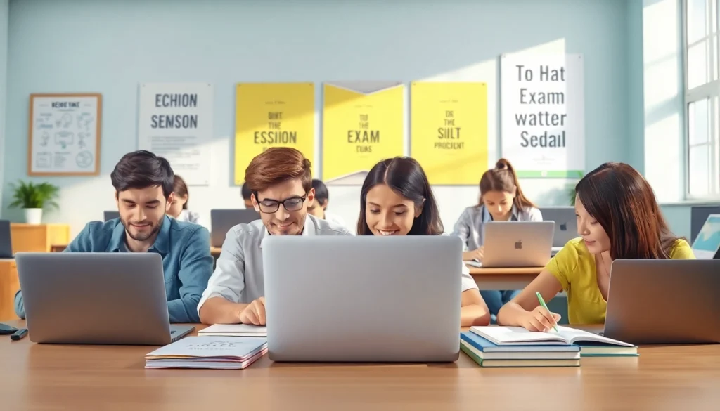 Students utilizing exam support resources in a collaborative learning environment.