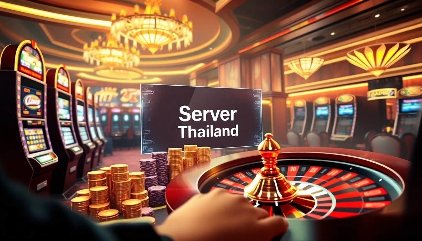Nikmati aksi kasino yang hidup dengan Server Thailand, menampilkan slot yang meriah dan elemen poker yang sedang dimainkan.
