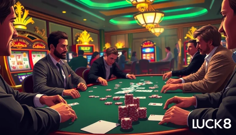 LUCK8 players engaged at a high-stakes poker table with vibrant slot machines and poker chips.