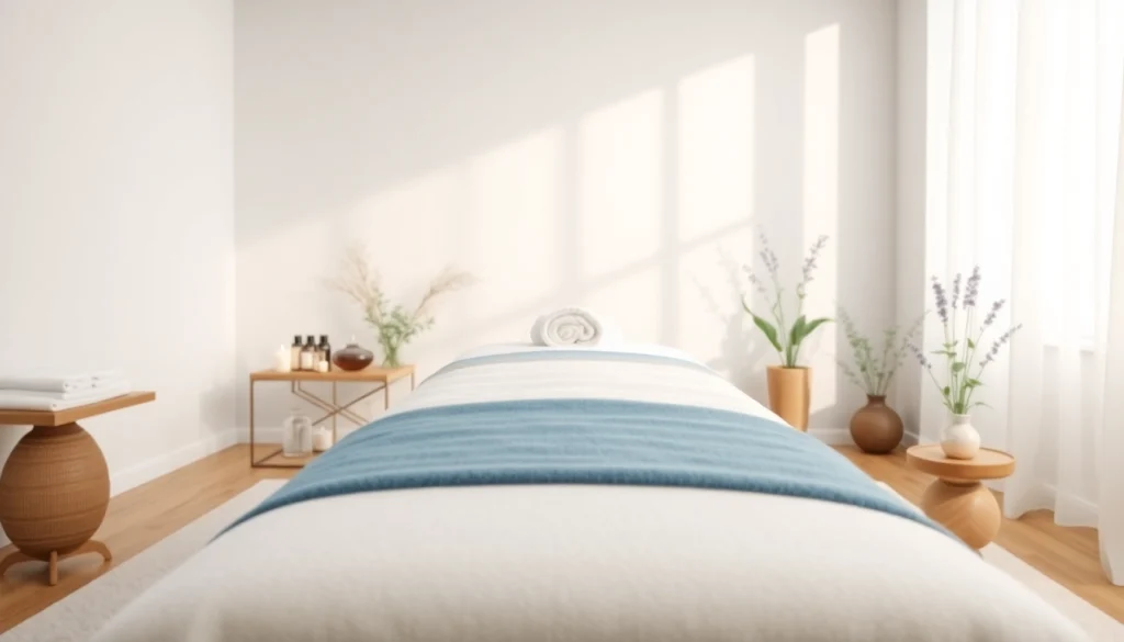 편안한 색상과 부드러운 조명이 어우러진 이완을 촉진하는 마사지 치료실.