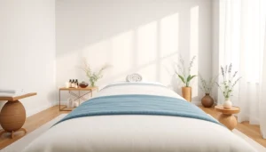 편안한 색상과 부드러운 조명이 어우러진 이완을 촉진하는 마사지 치료실.