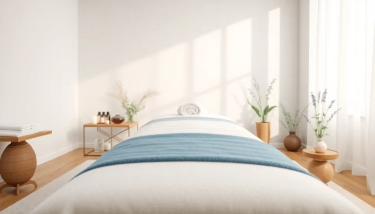 편안한 색상과 부드러운 조명이 어우러진 이완을 촉진하는 마사지 치료실.