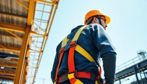 Wearing a fall protection harness Nairobi in an industrial setting, ensuring safety at height.