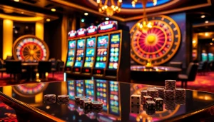 Excited players spinning the slot machine at a luxurious casino.