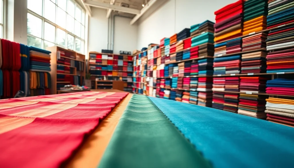 Bekijk stoffen webshop nederland met een kleurrijke display van luxe stoffen in een moderne showroom.