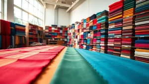 Bekijk stoffen webshop nederland met een kleurrijke display van luxe stoffen in een moderne showroom.