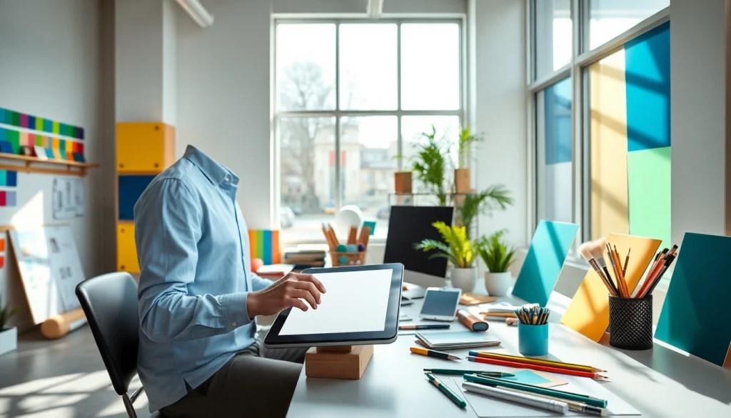 Brightet design workspace showcasing a creative designer with vibrant tools and colors.