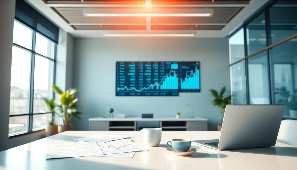 Księgowość w nowoczesnym biurze z raportami finansowymi i wyświetlaczami cyfrowymi