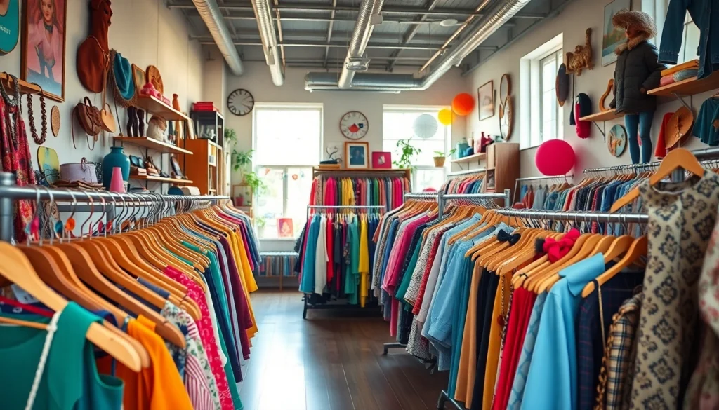 Browse unique finds at a charming second hand clothing store filled with vintage treasures.