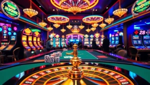 Engage with thrilling 28bet games at a high-end online casino table surrounded by vibrant slot machines.