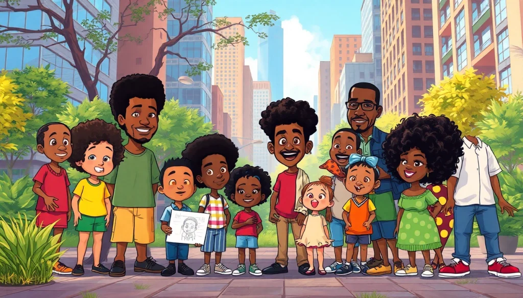 A lively gathering of iconic African American cartoon characters in a colorful urban park, celebrating creativity and diversity.