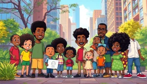A lively gathering of iconic African American cartoon characters in a colorful urban park, celebrating creativity and diversity.