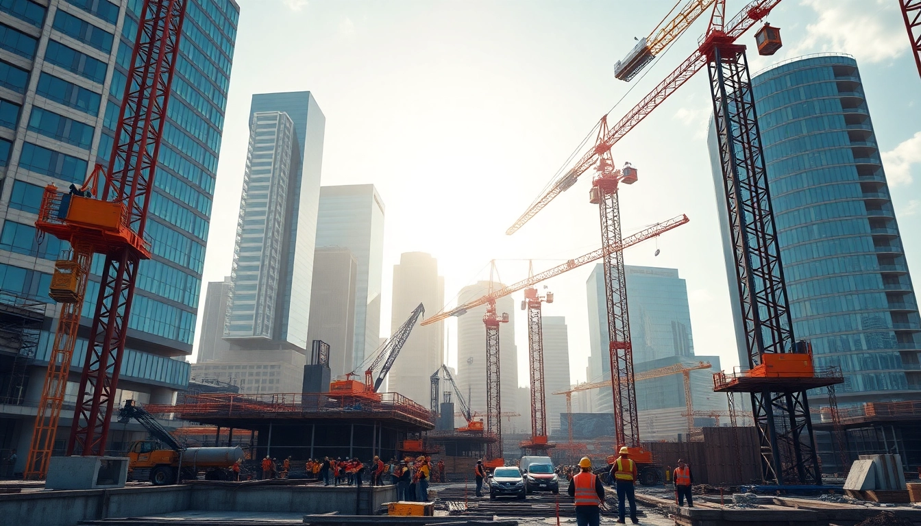 Engaged workers showcasing colorado construction news at a busy urban construction site.