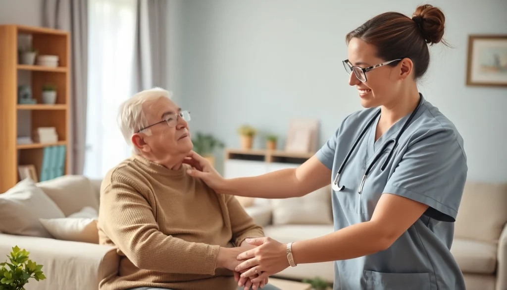 Providing compassionate home healthcare services with caregiver supporting an elderly individual.