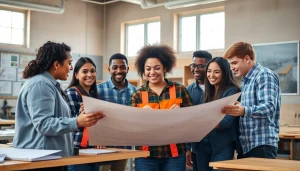 Engaged students collaborating on construction education projects in a vibrant classroom setting.