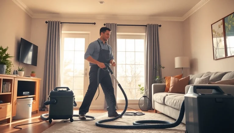 HVAC cleaning technician demonstrates professional service by removing dust from air ducts in a clean home environment.