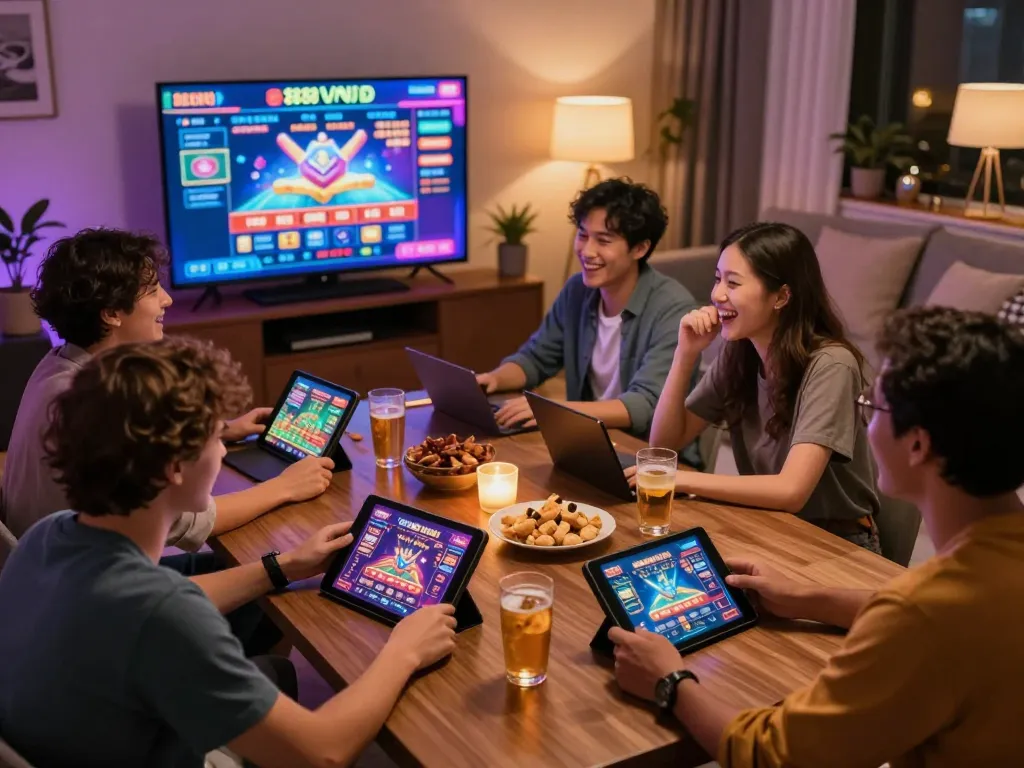 Friends enjoying a lively gaming night with 888VND online casino interface on screen, showcasing responsible entertainment.