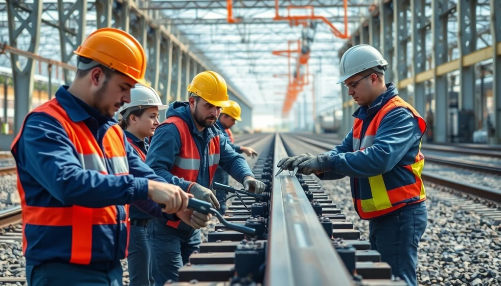 Engaged team members demonstrating various rail jobs in a railway construction setting.