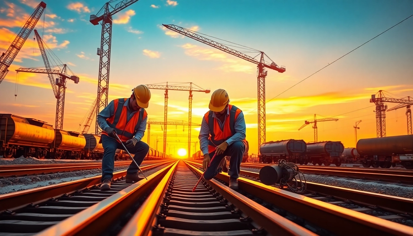 Railroad Contractors efficiently examining a railway construction site with tools and safety gear.