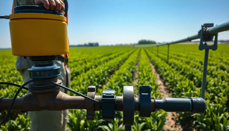 Implementing land irrigation systems in vibrant agricultural fields with advanced equipment.