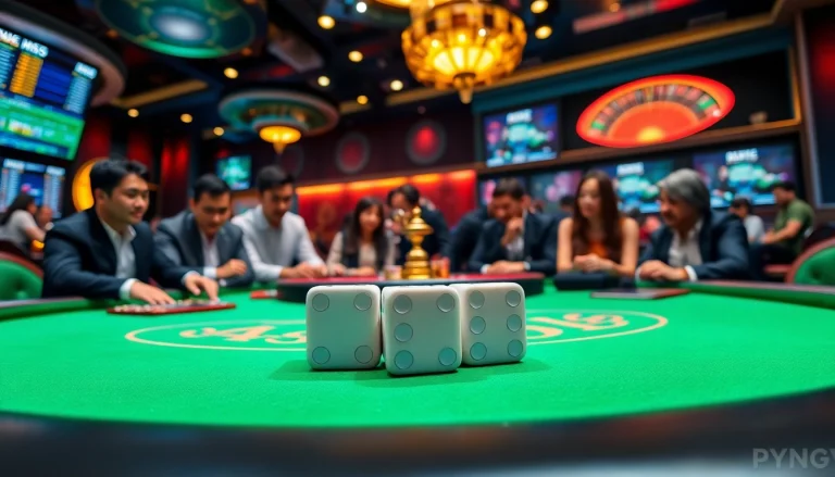 Players enjoying a thrilling game of Tài xỉu md5 at a luxurious casino table.
