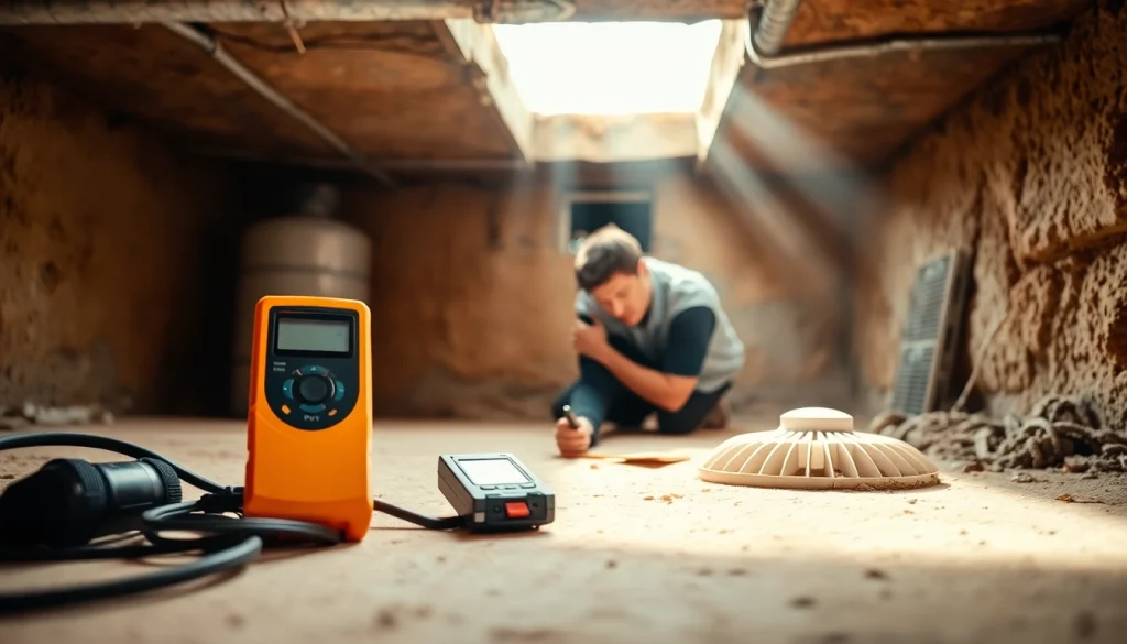 Crawl Space Restoration with a technician inspecting moisture levels in a clean environment.