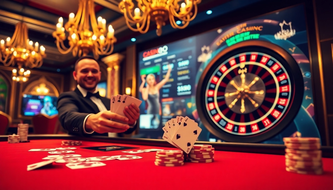 Ressentez l'excitation du casino en ligne avec une scène de jeu vibrante mettant en vedette des jetons de poker et une roulette qui tourne.