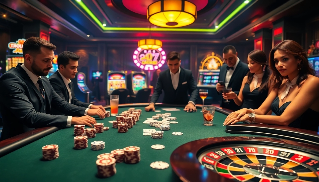 A luxurious casino scene with professional poker players and rich decor at https://nk88.luxury highlighting excitement.