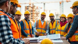 Workers participating in construction safety training at a construction site.