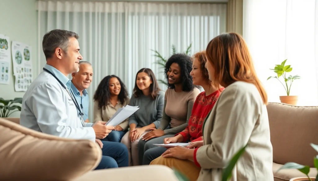 Engaging scene of a dubai psychiatrist facilitating a supportive discussion with patients in a serene office.