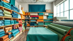 Bekijk goedkope canvas stoffen in een showroom met kleurrijke stoffen en accessoires.