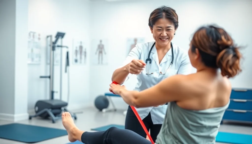 Physiotherapy near me: Professional physiotherapist helps a patient with exercises in a bright clinic.