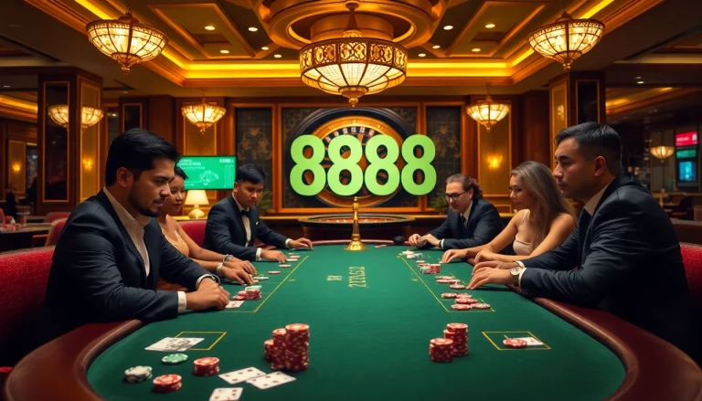 Players enjoying thrilling games at a premium casino with 888new branding, showcasing strategy and excitement.