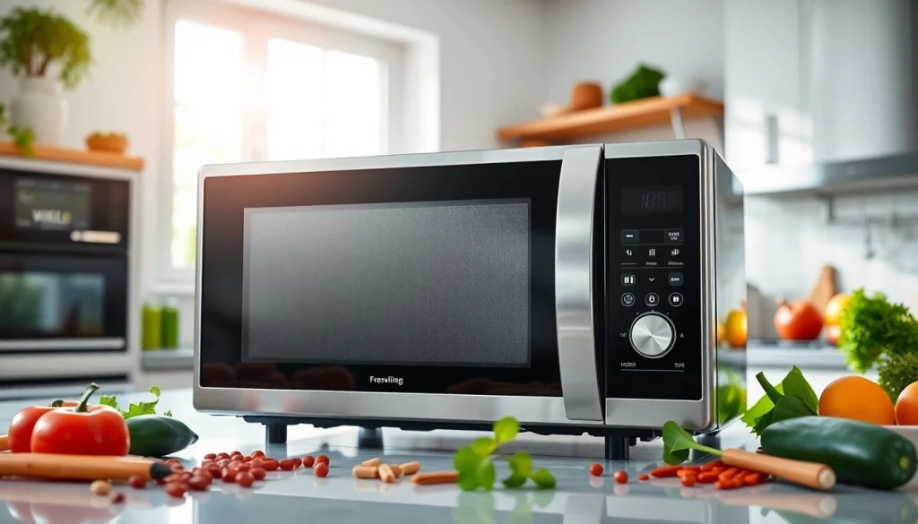 Boost microwave oven sales with this modern kitchen showcasing a sleek appliance in action.