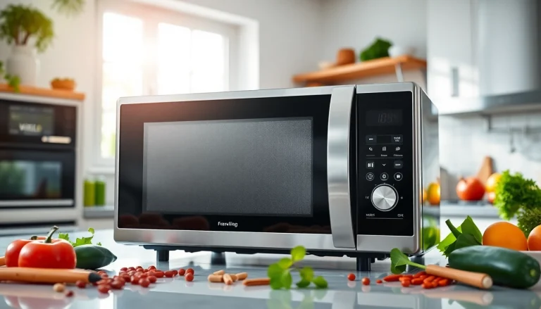 Boost microwave oven sales with this modern kitchen showcasing a sleek appliance in action.
