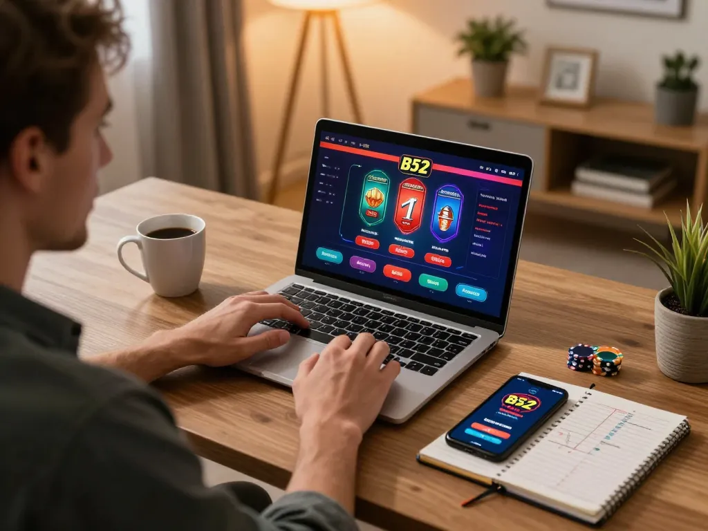 b52 club player engaging in strategic poker gameplay on a laptop at home, showcasing online betting and focus.