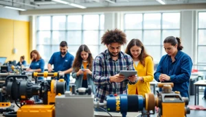 Students collaborating in a trade school classroom, illustrating hands-on learning and teamwork.
