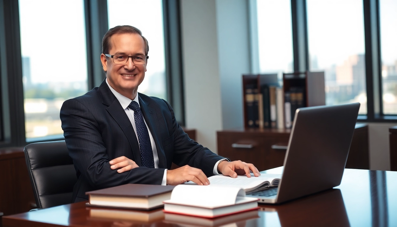 Greenville Personal Injury Lawyer consulting in a bright office environment with law books.