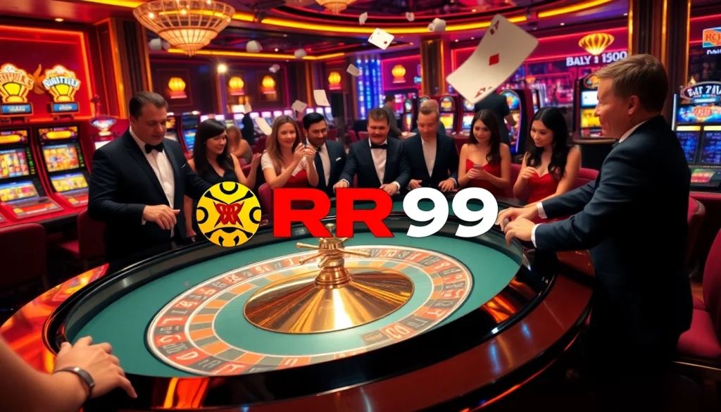 Engaging gambling scene at RR99 casino with roulette table and excited players.