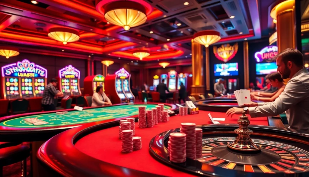 Players enjoy a vibrant casino experience at Luck8, surrounded by dynamic gaming visuals and excitement.