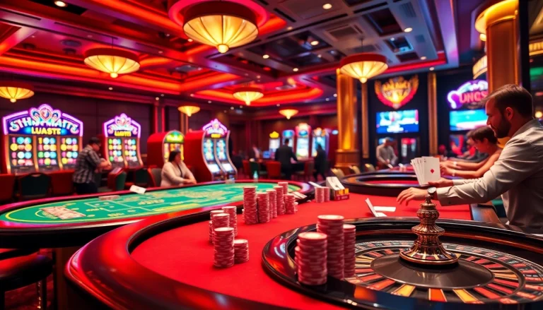 Players enjoy a vibrant casino experience at Luck8, surrounded by dynamic gaming visuals and excitement.