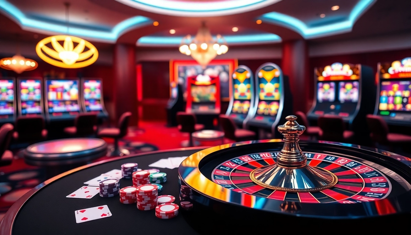 Vivez l'excitation du casino en ligne avec une roue de roulette vibrante et des jetons de poker.