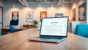 Creating a press release India template in a professional workspace with modern design elements.