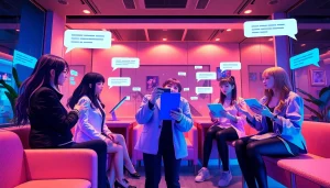 Engaging virtual chat scene with attractive AI characters providing nsfw ai experiences in a vibrant digital lounge.