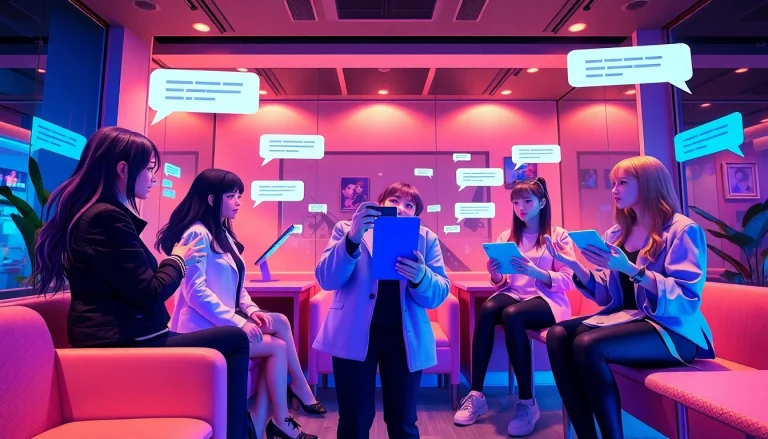 Engaging virtual chat scene with attractive AI characters providing nsfw ai experiences in a vibrant digital lounge.