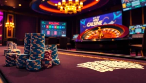 Engage in thrilling poker strategies at TV88 with vibrant cards and chips in an elegant casino setting.