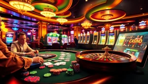 Scène passionnante de casino en ligne avec des joueurs à une table de poker et une roue de roulette lumineuse.