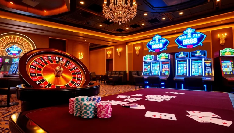 Play exciting games at RR88 casino with vibrant slot machines and poker chips.