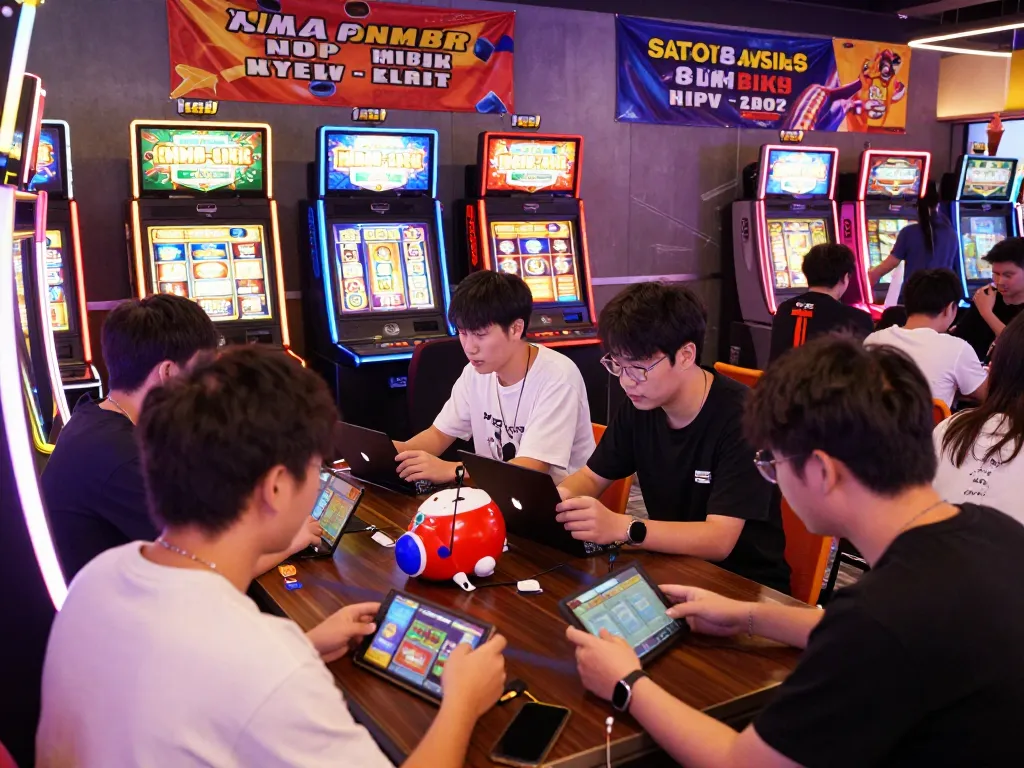 Suasana permainan yang menarik dengan pemain di mesin slot LAOBAN188, menampilkan warna-warna cerah dan elemen yang menarik.