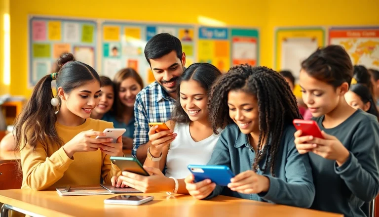 Managing phon in school life - students actively engaging with technology in a vibrant classroom